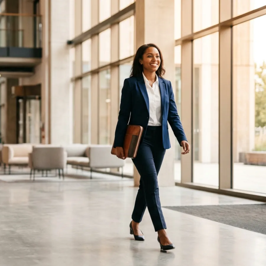 A professional walking confidently through a modern office lobby