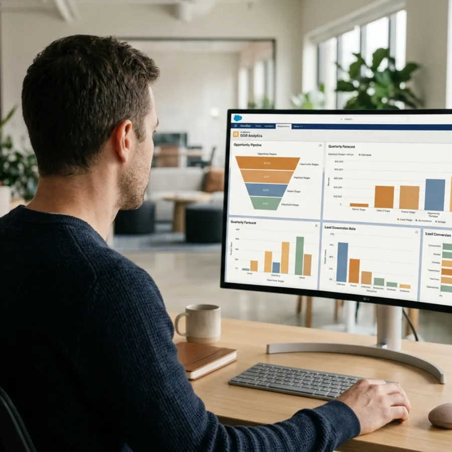A consultant reviewing CRM pipeline and forecast dashboards on a large monitor